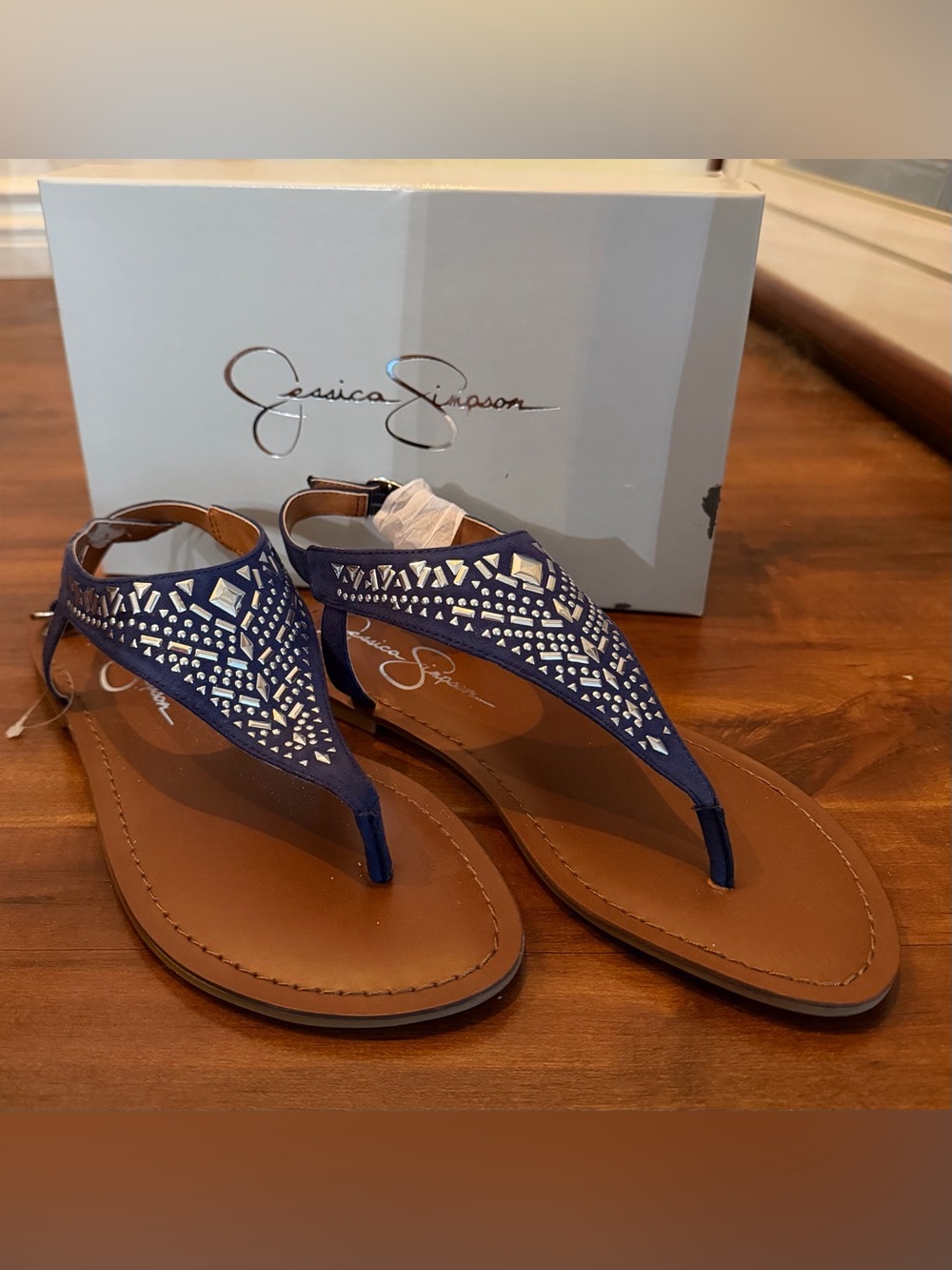 Jessica Simpson Navy Jeweled T-Strap Sandals